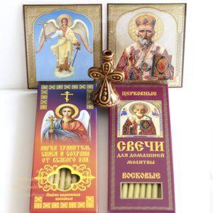 Gift Set Monastery Russian Orthodox Church Quality Wax Candles + Ceramic Holder + Laminated Icons. B229