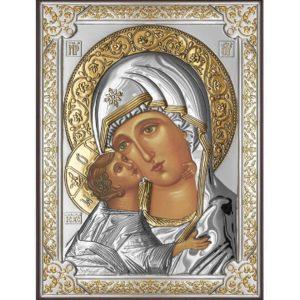 Medium Wooden Russian Orthodox Icon Mother of God Vladimir. Silver Plated .999 Oklad ( 5.12" X 7.1" ) 13cm X 18cm. B261