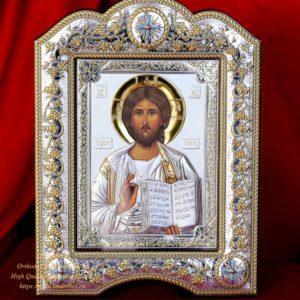 The Great Miraculous Christian  Orthodox Silver icon- Christ Pantocrator 21x28 Gold and silver version/Frame with glass. B268