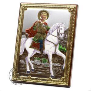 Christian Icon Saint Mina Wonderworker. Silver Plated .999 ( 5.12" X 7.1" ) 13cm X 18cm. B374