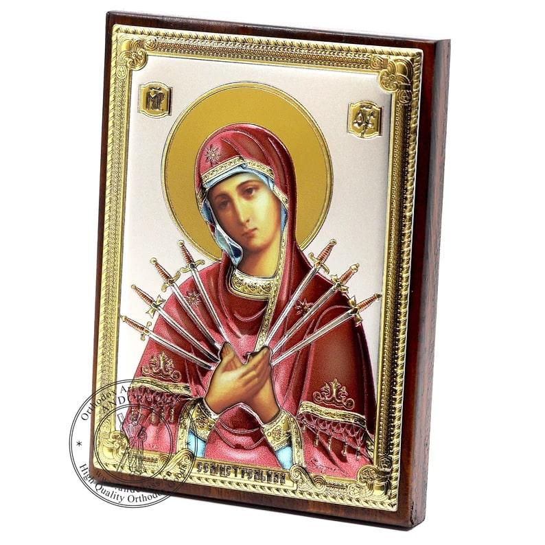 Mother Of God Seven Arrows Wooden Christian Orthodox Icon Silver Plated .999 Oklad Riza ( 3.1″ X 4.3″ ) 8cm X 11cm. B378