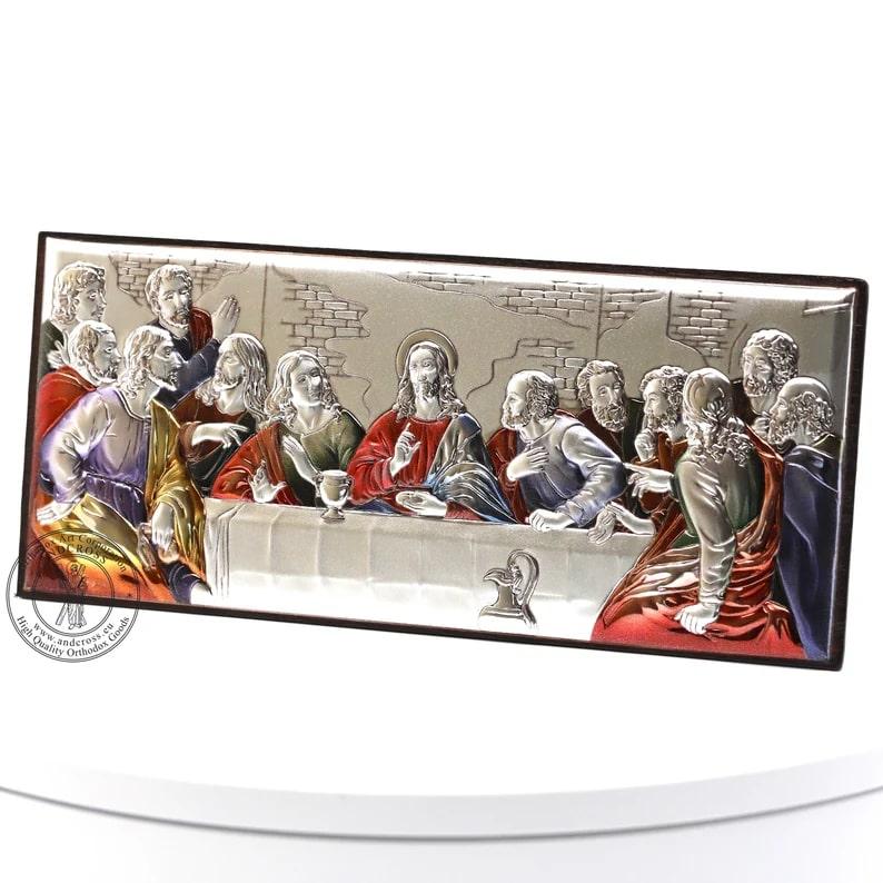 The Last Supper Christian Orthodox Icon. Silver Plated .999 Colored ( 2.9″ X 6.7″ ) 17cm X 7.3cm. B381