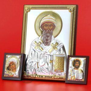 Spyridon Bishop of Trimythous + 2 Small Icons Set. Christian Icon Plated .999 ( 5.12″ X 7.1″ ) 13cm X 18cm. B384