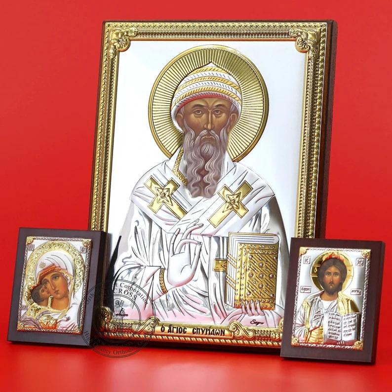 Spyridon Bishop of Trimythous + 2 Small Icons Set. Christian Icon Plated .999 ( 5.12″ X 7.1″ ) 13cm X 18cm. B384
