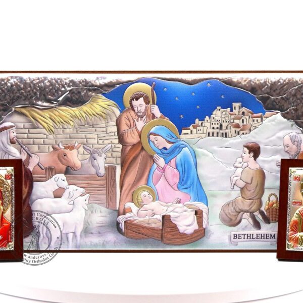 Nativity of Christ Icon + 2 Small Icons Set, Christian Icon Silver Plated 999 ( 9.1" X 4.6" ) 23cm X 11.7cm. B484