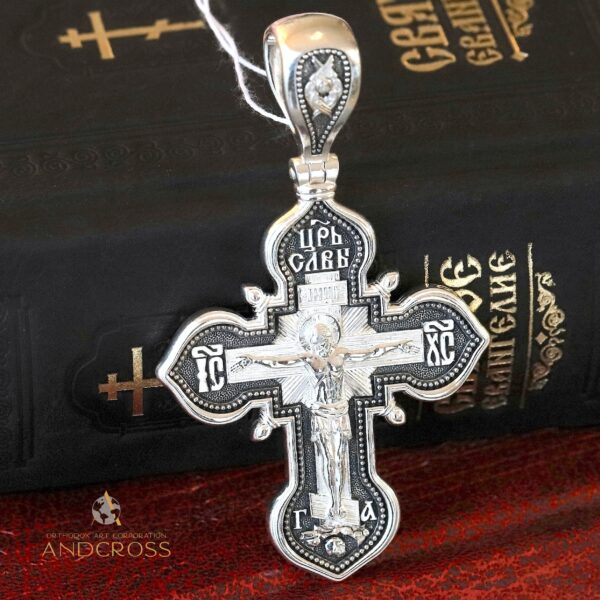 Christian cross of Jesus Christ, Kazan Mother of God Sterling Silver 925, Large, Heavy 26,00 gr. Cross with Crucifixion of Jesus the Christ