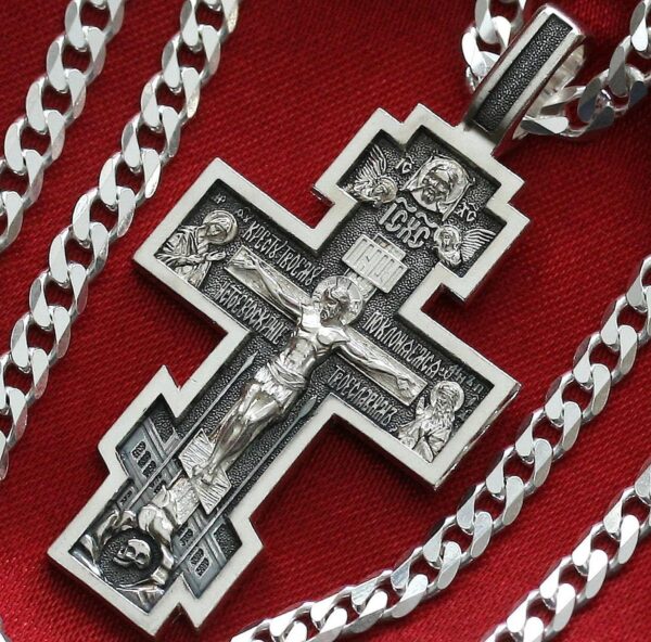 Men Handmade Russian Greek Orthodox Jewelry Set Body Baptism Cross Save And Protect Prayer + Chain. Sterling Silver 925. Blessed