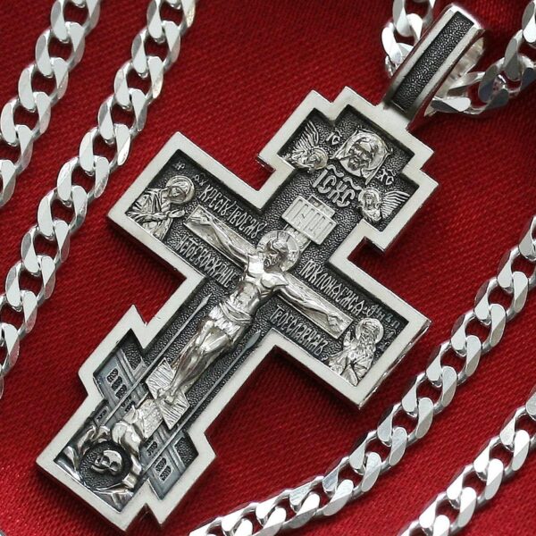 Men Handmade Russian Greek Orthodox Jewelry Set Body Baptism Cross Save And Protect Prayer + Chain. Sterling Silver 925. Blessed