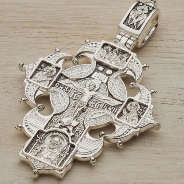 Large handmade Christian Guardian Angel Russian Greek Orthodox Body Prayer Cross for Men Silver 925 Mother of God & Saints