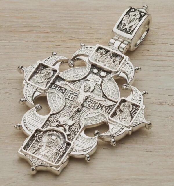 Large handmade Christian Guardian Angel Russian Greek Orthodox Body Prayer Cross for Men Silver 925 Mother of God & Saints