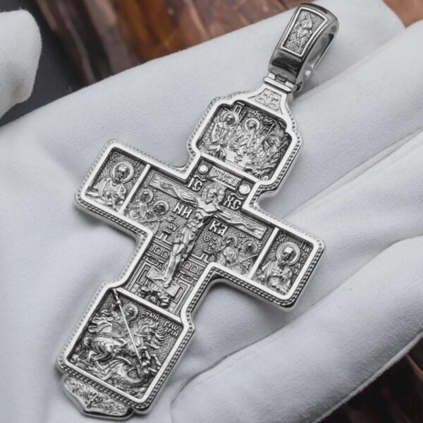 Eastern Orthodox Large Greek Orthodox Crucifix Silver 925 Pectoral Body Cross.Archangel Michael And Saints. Authentic Handmade Work !