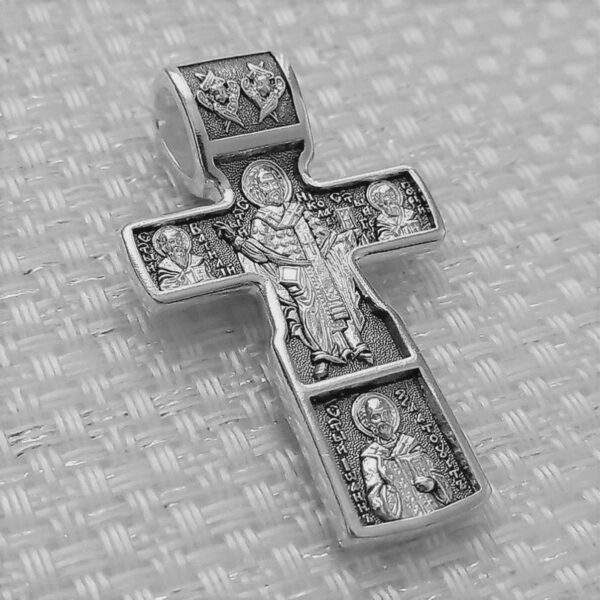 Eastern Orthodox Russian Greek St Nicholas Icon Prayer Cross For Men Silver 925 Necklace - Image 2