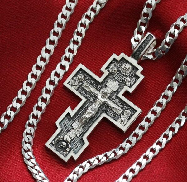 Men Handmade Russian Greek Orthodox Jewelry Set Body Baptism Cross Save And Protect Prayer + Chain. Sterling Silver 925. Blessed - Image 2