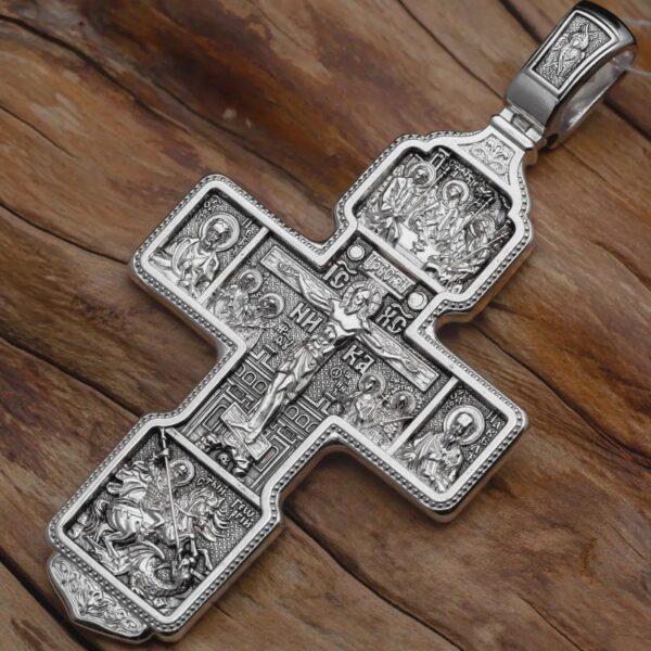 Eastern Orthodox Large Greek Orthodox Crucifix Silver 925 Pectoral Body Cross.Archangel Michael And Saints. Authentic Handmade Work ! - Image 3