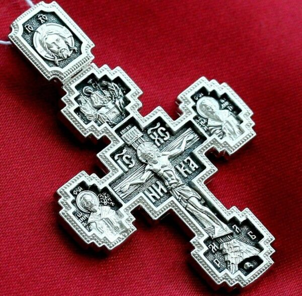 Big Russian Orthodox Body Prayer Cross Silver 925 Mother Of God Pokrov & Saints