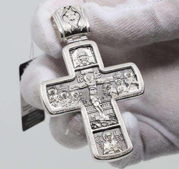 Russian Greek Orthodox Pectoral Body Prayer Cross Silver 925 Mother of God Sign ( Pokrov ) Priest Crucifix