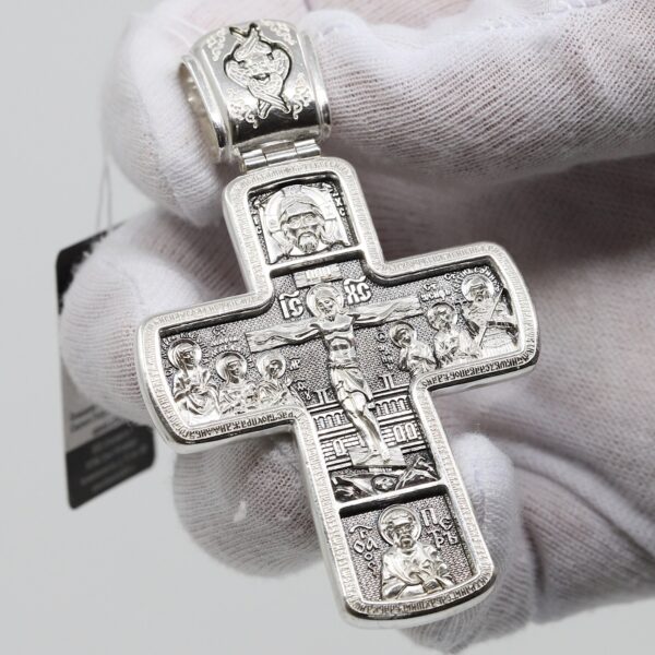 Russian Greek Orthodox Pectoral Body Prayer Cross Silver 925 Mother of God Sign ( Pokrov ) Priest Crucifix