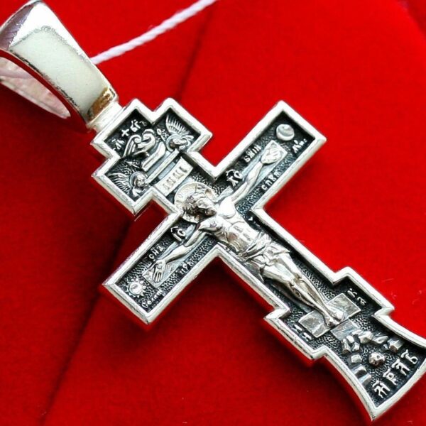 Greek Baptism Crucifix necklace Precious Cross Prayer Russian Orthodox Christian . Sterling Silver 925 . Elizaveta Factory St Petersburg