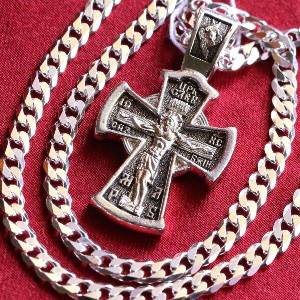 Handmade Russian Greek Orthodox Jewelry Set Body Cross Mother Of God Sign + Chain. Sterling Silver 925. Baptism Crucifix