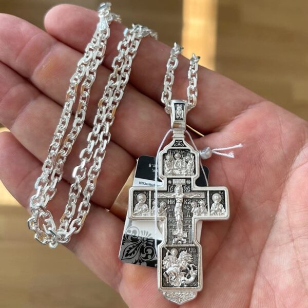 Archangel Michael Icon Large Russian Orthodox Body Prayer Cross Silver 925 + Solid Strong Anchor Chain Set