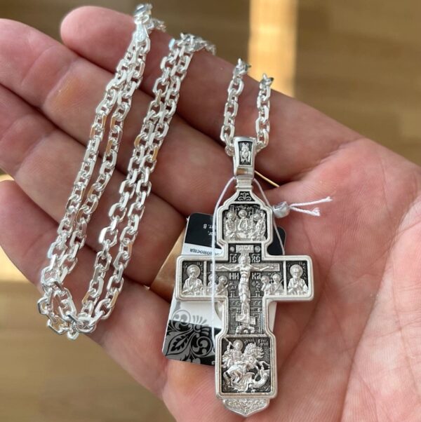 Archangel Michael Icon Large Russian Orthodox Body Prayer Cross Silver 925 + Solid Strong Anchor Chain Set