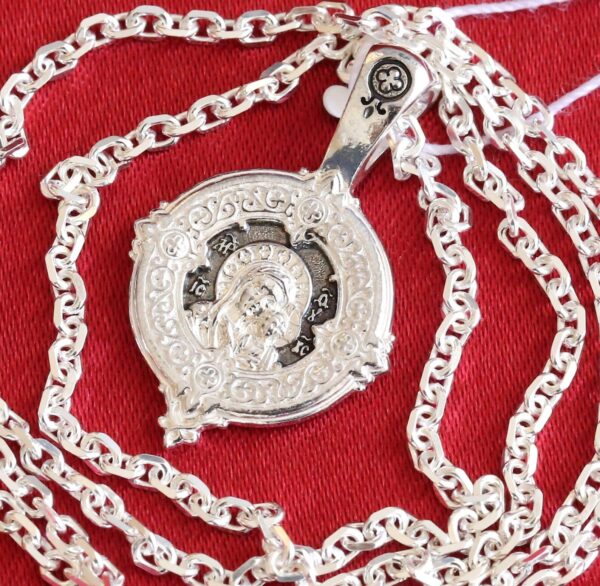Mother of God Kazan Icon Round Christian Charm Pendant Silver 925 + Anchor Chain Set. Orthodox Jewelry