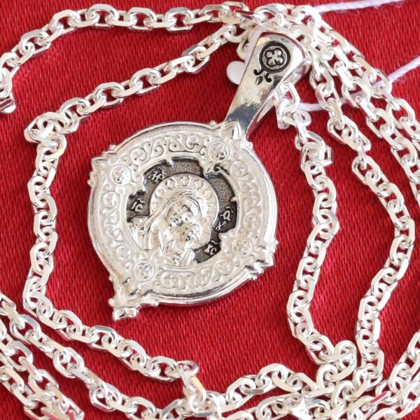 Mother of God Kazan Icon Round Christian Charm Pendant Silver 925 + Anchor Chain Set. Orthodox Jewelry
