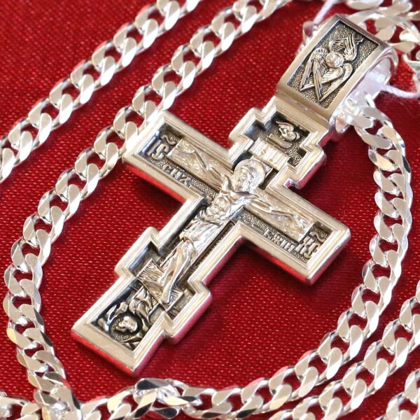 Men Handmade Russian Greek Orthodox Jewelry Set Body Prayer Cross + Chain. Sterling Silver 925. Blessed Baptism Set