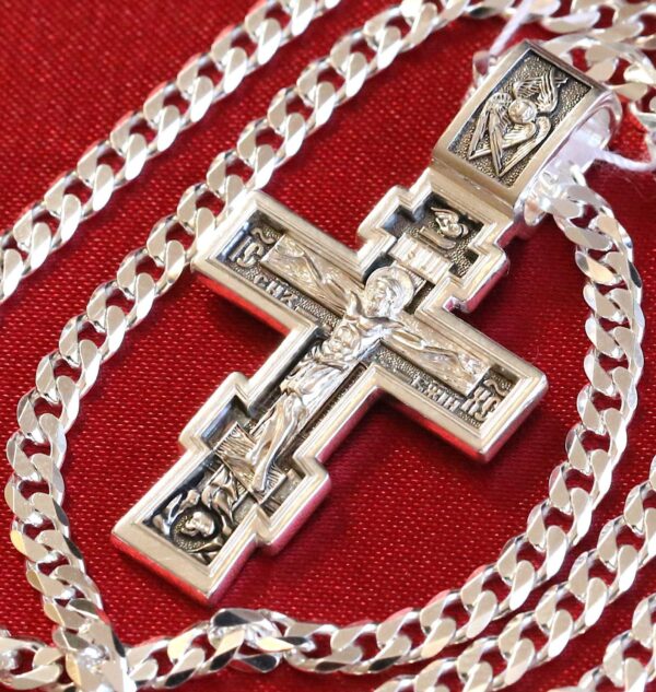 Men Handmade Russian Greek Orthodox Jewelry Set Body Prayer Cross + Chain. Sterling Silver 925. Blessed Baptism Set