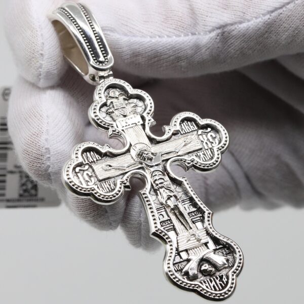 Large Christian Pectoral Crucifix Mother of God Pokrov Sign. Orthodox Prayer Cross. Silver 925 Authentic Jewelry