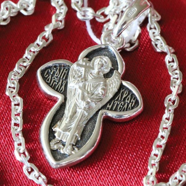 Christian Baptism Guardian Angel Cross Necklace Anchor Chain Set. Russian Orthodox Jewelry. Save And Protect Prayer. Sterling Silver 925