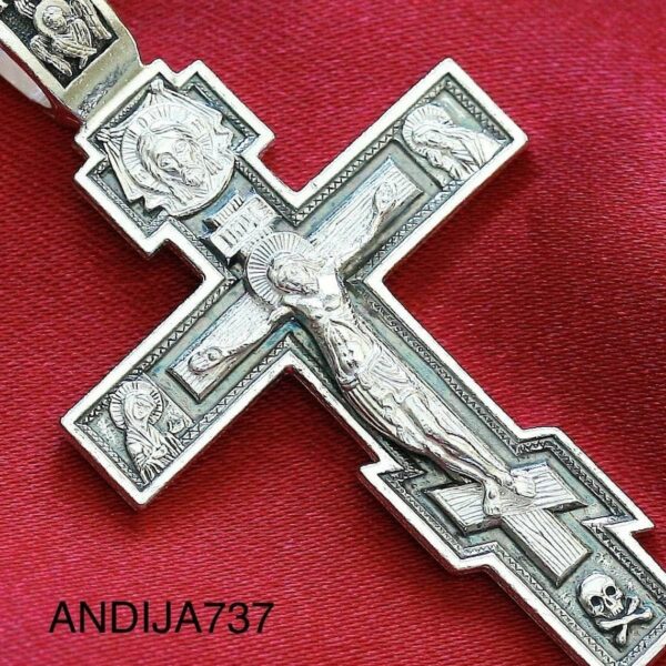 Large Russian Greek Orthodox Crucifix Cross W/ Prayer 925 Sterling Silver Made in Russia