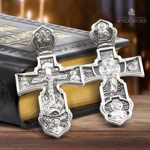 Silver 925 Cross Guardian Angel Rare Greek Orthodox Cross Protective Holy Apostles Peter Paul Andrew Holy Trinity St Nicholas St Fyodor