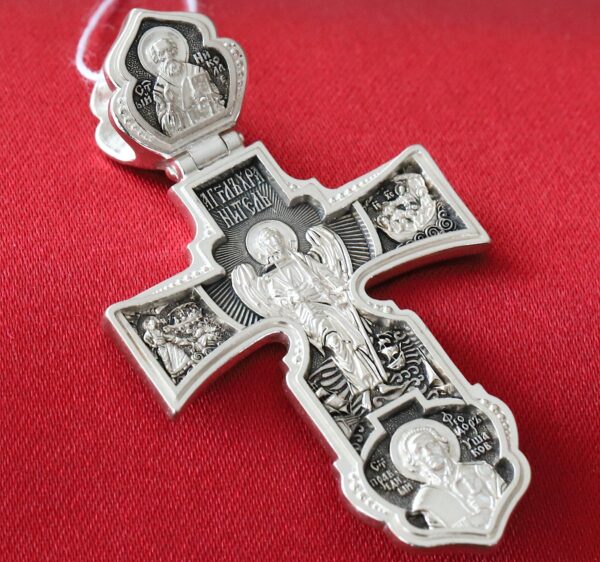 Greek Orthodox Body Protective Prayer Coss Silver 925. Holy Apostles Peter , Paul , Andrew. Holy Trinity , St Nicholas , St Fyodor.
