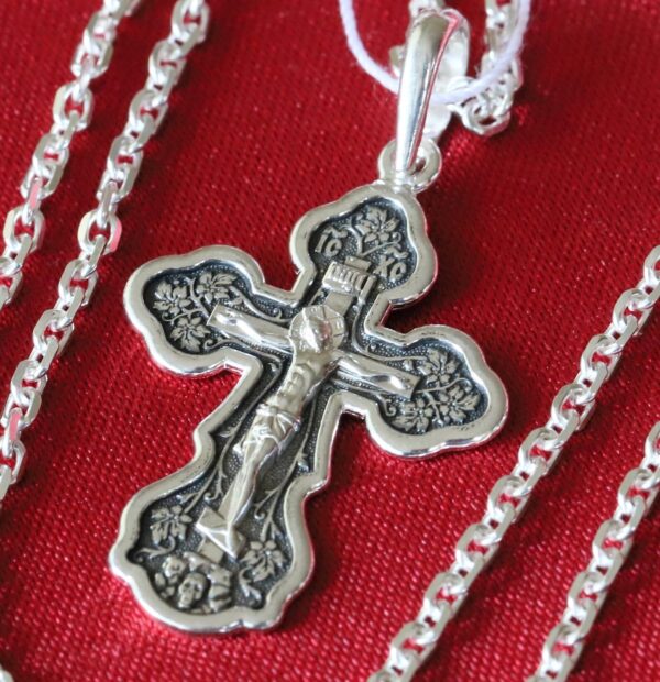 Greek Christian Protection Body Cross + Anchor Chain Set. Russian Orthodox Jewelry. Save And Protect Prayer. Silver 925 ( Baptism Set )