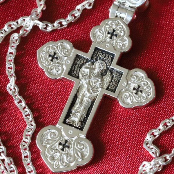 Christian Baptism Guardian Angel Cross Necklace Anchor Chain Set. Russian Greek Orthodox Jewelry. Save And Protect Prayer. Silver 925
