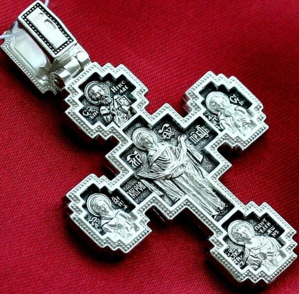 Big Russian Orthodox Body Prayer Cross Silver 925 Mother Of God Pokrov & Saints - Image 2