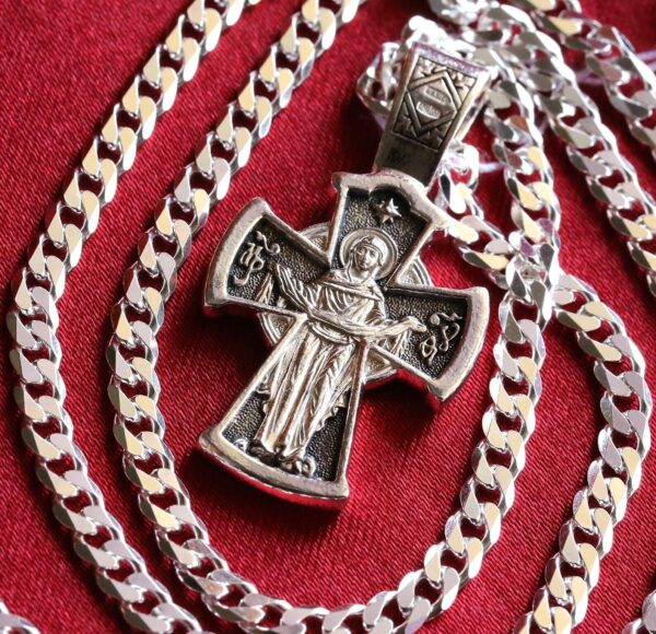 Handmade Russian Greek Orthodox Jewelry Set Body Cross Mother Of God Sign + Chain. Sterling Silver 925. Baptism Crucifix - Image 2