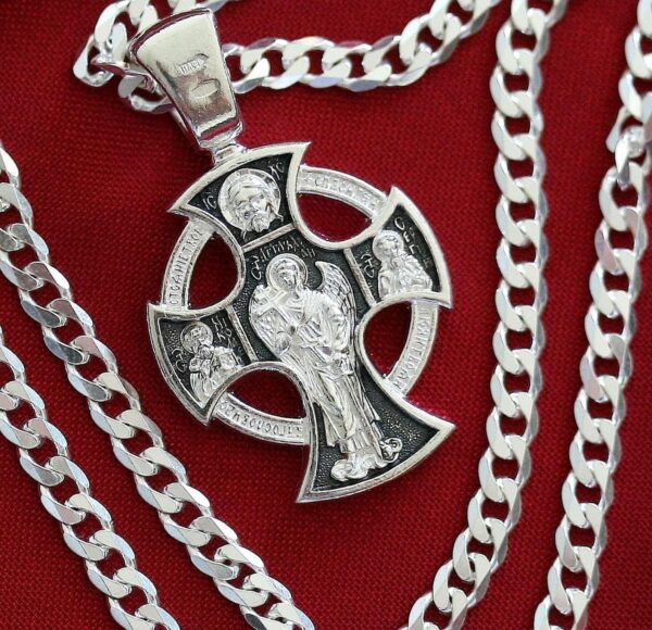 Men Handmade Russian Orthodox Round Celtic Body Cross Guardian Angel Save And Protect Prayer + Chain Set. Sterling Silver 925. Blessed - Image 2