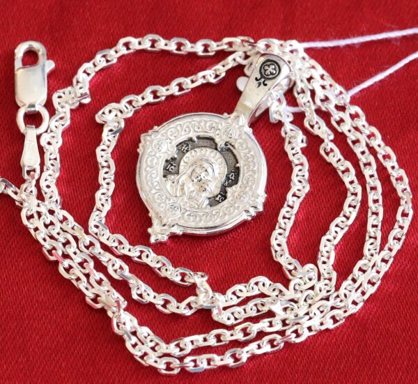 Mother of God Kazan Icon Round Christian Charm Pendant Silver 925 + Anchor Chain Set. Orthodox Jewelry - Image 2