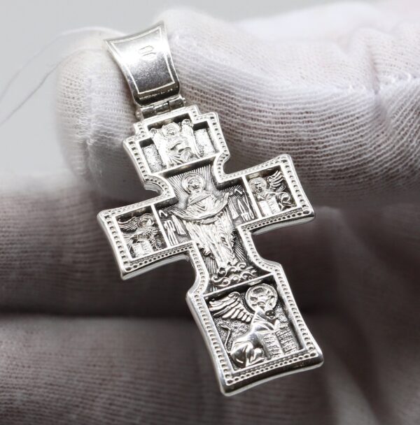 Mother of God Pokrov Sign Russian Greek Orthodox Men Prayer Crucifix Rare Silver 925 Christian Authentic Jewelry - Image 2