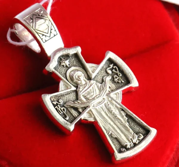 Mother of God Pokrov "Sign" Icon Christian Orthodox Fine Jewelry Cross Silver 925. Baptism Cross - Image 2