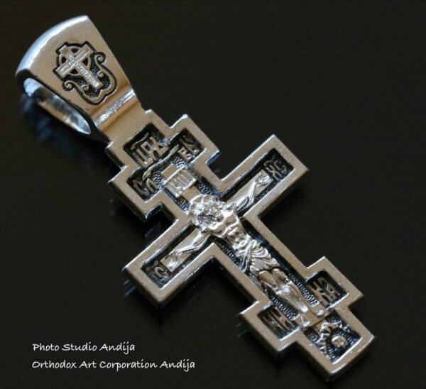 Greek Baptism Crucifix necklace Save And Protect Prayer Russian Orthodox Christian . Sterling Silver 925 . Elizaveta Factory St Petersburg - Image 2