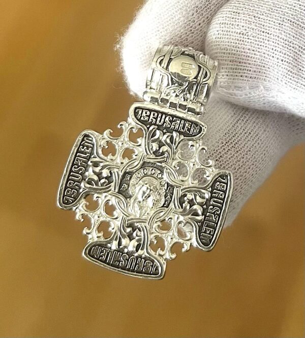 Lord Almighty Mother Of God Kazan Greek Orthodox Baptism Jerusalem Prayer Cross Christian Body Necklace. Silver 925 - Image 2