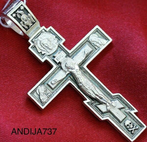 Large Russian Greek Orthodox Crucifix Cross W/ Prayer 925 Sterling Silver Made in Russia - Image 2