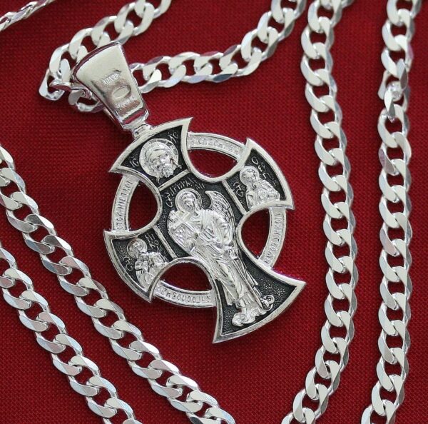 Men Handmade Russian Orthodox Round Celtic Body Cross Guardian Angel Save And Protect Prayer + Chain Set. Sterling Silver 925. Blessed - Image 3