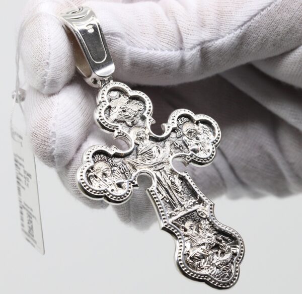Large Christian Pectoral Crucifix Mother of God Pokrov Sign. Orthodox Prayer Cross. Silver 925 Authentic Jewelry - Image 2