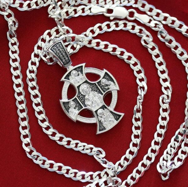 Men Handmade Russian Orthodox Round Celtic Body Cross Guardian Angel Save And Protect Prayer + Chain Set. Sterling Silver 925. Blessed - Image 4