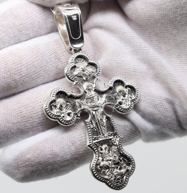Large Christian Pectoral Crucifix Mother of God Pokrov Sign. Orthodox Prayer Cross. Silver 925 Authentic Jewelry - Image 3