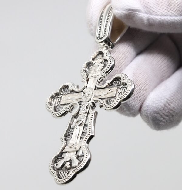 Large Christian Pectoral Crucifix Mother of God Pokrov Sign. Orthodox Prayer Cross. Silver 925 Authentic Jewelry - Image 4